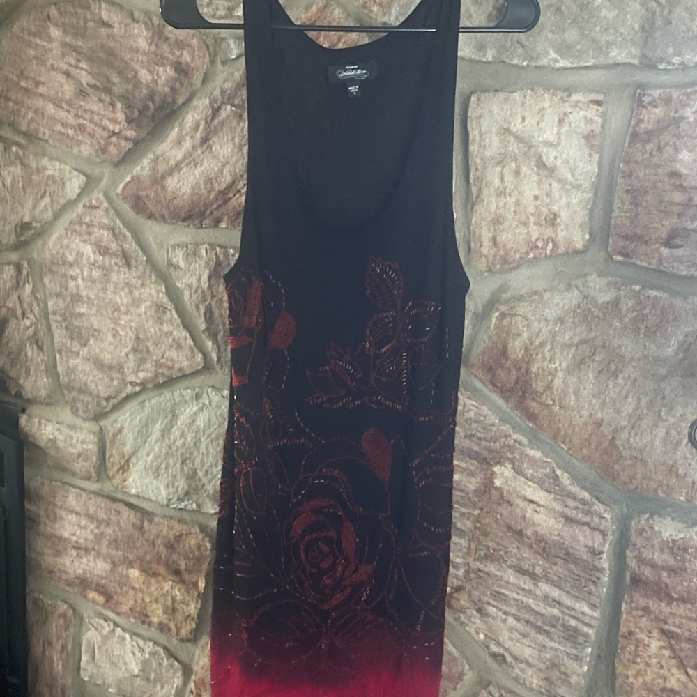 Bebe Black and Red beaded size small Sleeveless Dress with Floral Design